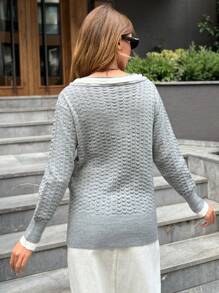 EURMUSE Maglione elegante e carino con scollo a V e dettagli in pizzo per le donne - Grigio - Visualizzare 2