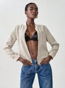 SHEIN Unity Women Plaid Long Sleeve Zip-Up Bomber Jacket, Spring Autumn Fall Cloth For Women - Multicolor - View 1