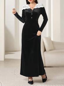 Modelyn Women's Elegant Colorblock Patchwork Dress, Autumn Long Evening Dresses