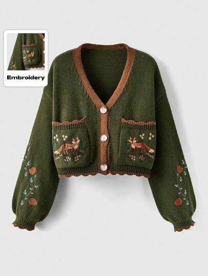 ROMWE Fairycore Flower Embroidery Patchwork Border Cardigan, School,Long Sleeve Tops