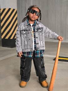 SHEIN Explorewe Young Boys Denim Jacket New Casual Fashion Distressed Washed Denim Jacket - Grey - View 6