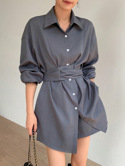 EastFlair 2 piezas Conjunto elegante de vestido camisa de manga larga gris y pantalones cortos con cintura ceñida, estilo coreano