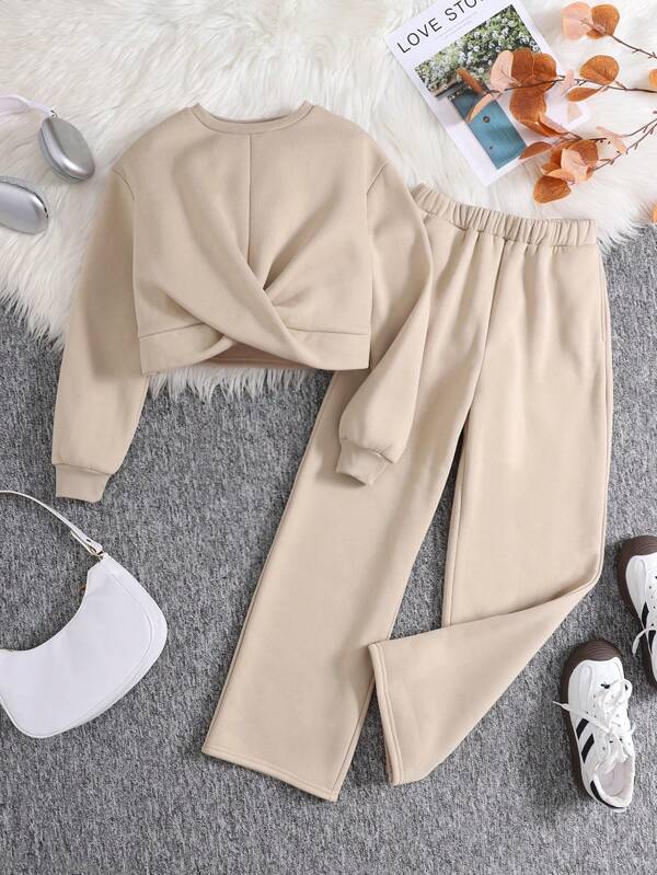 SHEIN 2pcs Tween Girls Loose Casual Simple Comfy Crew Neck Twist Knot Sweatshirt And Pants Set
