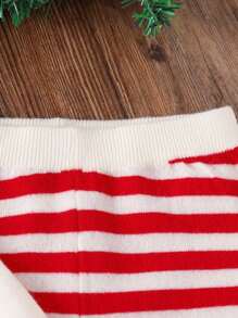 Young Girls' Cartoon Jacquard White Sweater Set,Braided Accents Knitwear & Red & White Striped Straight Leg Pants,Autumn School & Christmas Outfit - Red - View 4