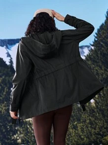 In My Nature 女士植物印花抽绳腰长袖连帽休闲雨衣夹克 - 黑色 - 查看 14