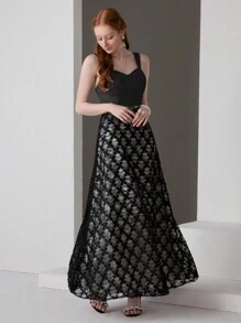 SHEIN Belle Robe de soirée pour femmes avec bretelles spaghetti et dentelle - Noir - Voir 6