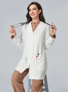 TaskEZ Front Button Closure Long Sleeve Pocket Lab Coat/White  Coat - White - View 7