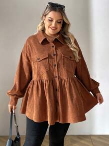 SHEIN CURVE+ Plus Size Stand Collar Color Block Button Dual Pockets Corduroy Ruffle Hem Dolly Casual Holiday Long Sleeve Blouse, Fall Top Clothes