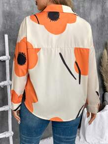 SHEIN VCAY Plus Size Floral Print Button Front Pockets Casual Long Sleeve Shirt