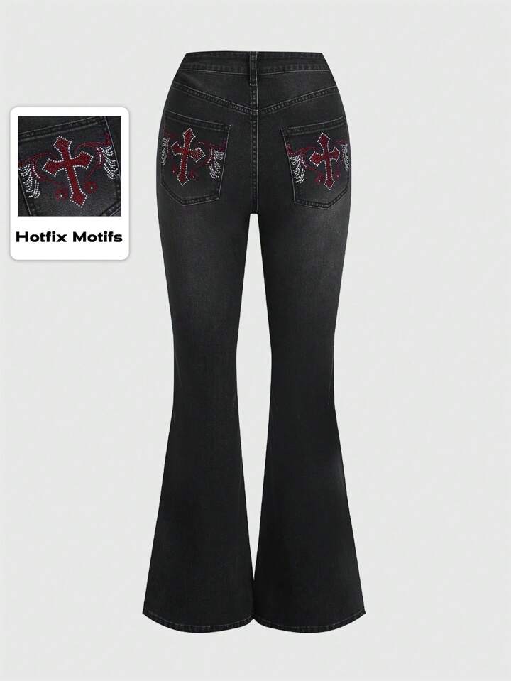 Our Grunge Punk Cross Rhinestone Flare Leg Jeans is such a vibe