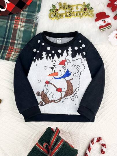 SHEIN 1pc Girls' Casual Crew Neck Sweatshirt With Fun Snowman Skiing Print, Made Of Comfortable Fleece Fabric, Winter Warm Casual Family Matching Series