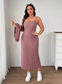 SHEIN EZwear 情人节，大码动漫风格休闲粉色针织开衫和连衣裙 2 件套 - 藕粉色 - 查看 6