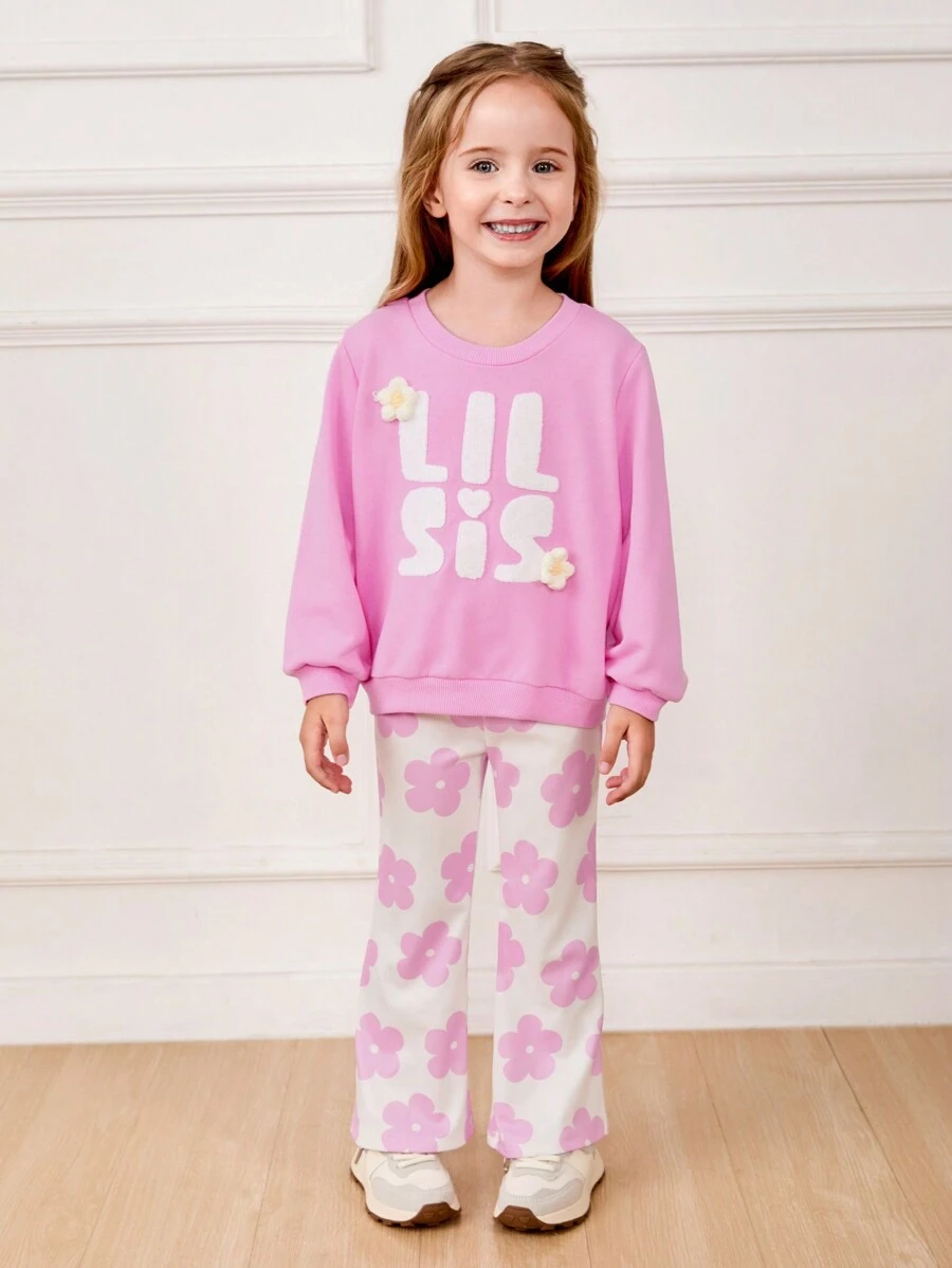 Cozy Pixies 2pcs/Set Colorful Floral Print Crew Neck Sweatshirt And Casual Pants For Young Girls - Pink - View 1
