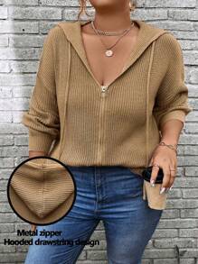 Calvaya Plus Size Women's Solid Color Simple Casual Hooded Cardigan - Khaki - View 1