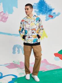 Nick 90s | SHEIN Men's Casual Cartoon Character Print Drop Shoulder Loose Drawstring Kangaroo Pocket Hoodie, Spring And Autumn