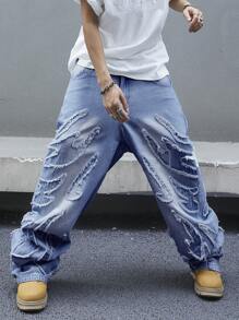 Manfinity EMRG Quần Jeans Ống Rộng Dáng Rộng Có Túi Viền Rách Thường Ngày Cho Nam - Rửa trung bình - Xem 3