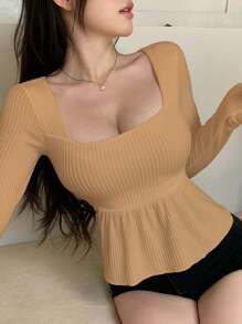 DAZY 女式方领纹理面料下摆 A 字型 T 恤，娃娃装上衣长袖女式上衣 - 卡其色 - 查看 5