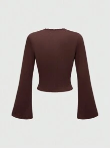 ROMWE Fairycore Áo thun nữ tay loe thêu họa tiết hoa cổ điển ôm vừa vặn - màu nâu - Xem 2