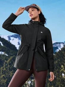 In My Nature 女士植物印花抽绳腰长袖连帽休闲雨衣夹克 - 黑色 - 查看 13