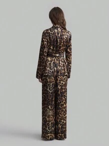 Ontre 女士 2025 新款卡其色豹纹睡衣风格长袖上衣和长裤（配腰带），休闲时尚两件套，春季 - 彩色 - 查看 5