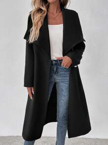 SHEIN Clasi 女士时尚长袖羊毛大衣，中长款，翻领，系带 - 黑色 - 查看 5