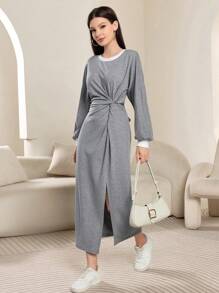 Mulvari Women's Round Neck Batwing Sleeve Waist Twist Open-Hem Casual Sweatshirt Dress, Spring/Autumn Pullover Fall Outfit - Grey - View 3