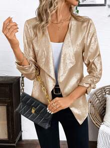 SHEIN Clasi Women's Elegant Gold Foil 3/4 Sleeve Lapel Jacket, Autumn Spring - Apricot - View 5