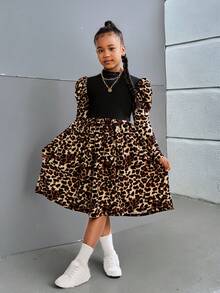 SHEIN 青少年女孩针织拼布豹纹羊腿袖修身优雅连衣裙，适合休闲穿着 - 黑色 - 查看 5