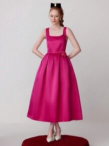 SHEIN Belle 女士方领褶皱荷叶边花卉点缀正式晚礼服 - 玫紅色 - 查看 6