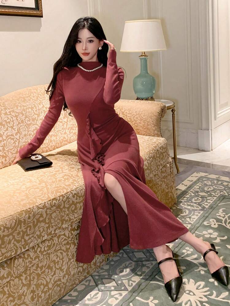 Women's Autumn Winter Ruffle Hem Midi Sheath Dress Prom Dress,Fall Women Clothes Long Sleeve Dress Red Women Dresses Christmas