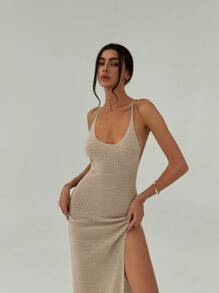 Aloruh 性感无袖露背连衣裙，休闲宽松夏季长裙 - 卡其色 - 查看 4
