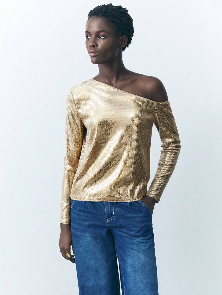 SHEIN Maija Women's Fashion Asymmetric Neck Sequin T-Shirt, Autumn