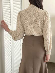 DAZY Áo cánh ren thanh lịch cổ đứng tay đèn lồng cho nữ xuân/thu - Màu Khaki - Xem 2