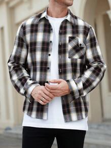 Manfinity Homme Men's Casual Loose Fit Letter Print Plaid Long Sleeve Shirt, Spring Autumn - Multicolor - View 4