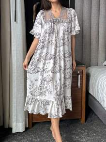DAZY Lace Patchwork Chinese Style Allover Print Button Front Ruffle Hem Nightgown Pajama - Khaki - View 6