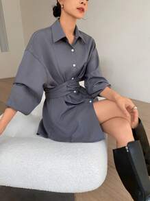 EastFlair 2pcs Korean Fashion Gray Long Sleeve Shirt Dress & Shorts Waist Cinched Elegant Set