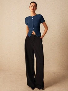 Poéselle 秋季修身不对称罗纹短袖女式 T 恤，带开衩下摆设计，短袖衬衫，圆领，紧身短袖衬衫，T 恤，秋季女式上衣，万圣节衬衫，外出服装 - 藏蓝色 - 查看 4