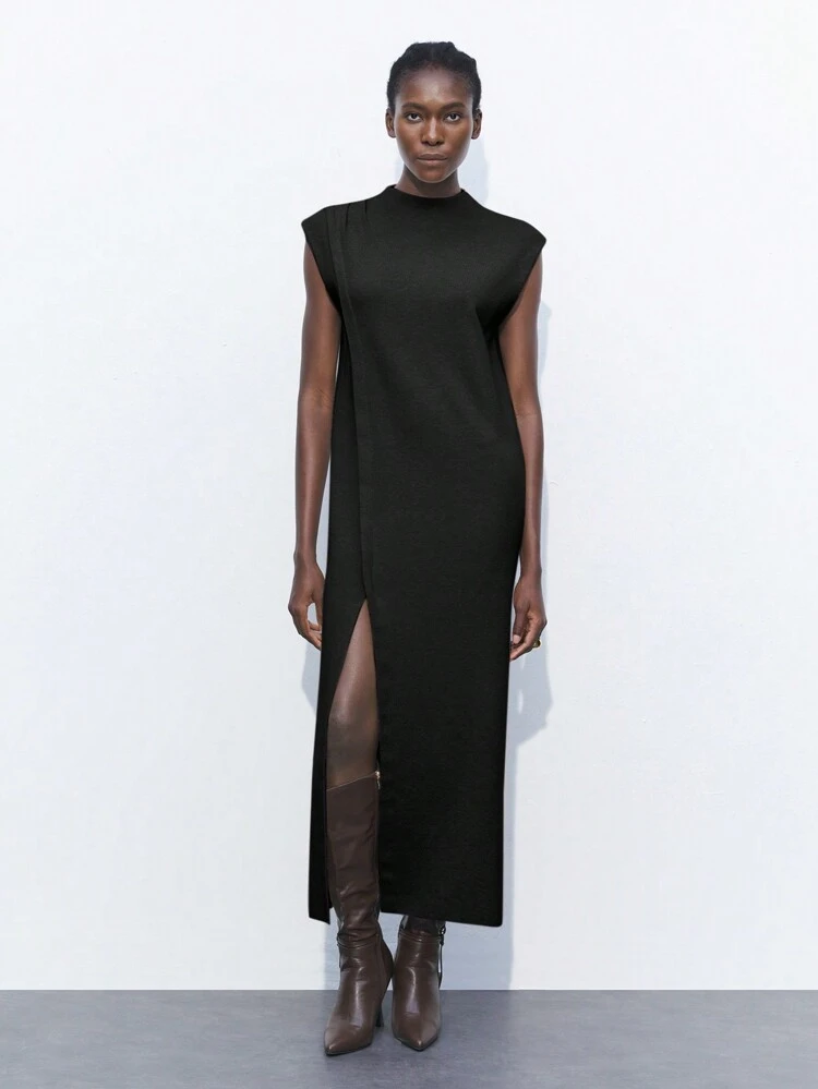 SHEIN Maija Vestido de suéter casual elegante de cuello redondo, de color negro, de líneas simples y con abertura en el bajo, para mujeres. Vestido femenino y elegante.