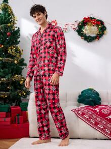 Men's Plaid Print Button-Up Long Sleeve Top And Pants Sleepwear Set - Black - View 4