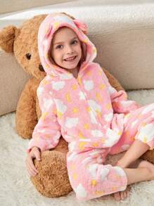 SHEIN Young Girls' Cloud & Star/Moon Pattern Long Sleeve Hooded Fuzzy Jumpsuit With Zipper Front, Comfortable For Fall/Winter