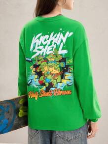 TEENAGE MUTANT NINJA TURTLES | SHEIN Women's Green Cool Casual Cartoon Turtle & Letter Print Loose Fit Drop Shoulder Long Sleeves T-Shirt Graphics Woman T Shirts Homecoming Fall Clothes