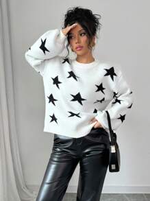 Chiquease Star Jacquard Knitted Pullover Sweater  Fall Winter Outfit - Black and White - View 3