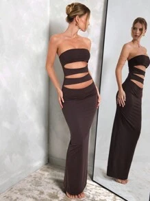 SHEIN BAE Vestido elegante de mujer de unicolor café, con corte hueco, apropiado para citas diarias, salidas, fiestas en discotecas y reuniones