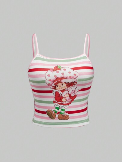 Canotta a aderente con stampa vintage di personaggi dei cartoni animati americani e a righe, per l'estate