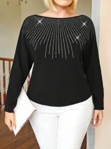 Plus Size Women Brick Print Black Pullover Sweater, Christmas - Black - View 4