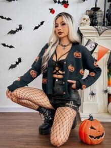 Chiquease Halloween Pumpkin Graphic V-Neck Drop Shoulder Knitted Cardigan Fall Cloth For Women