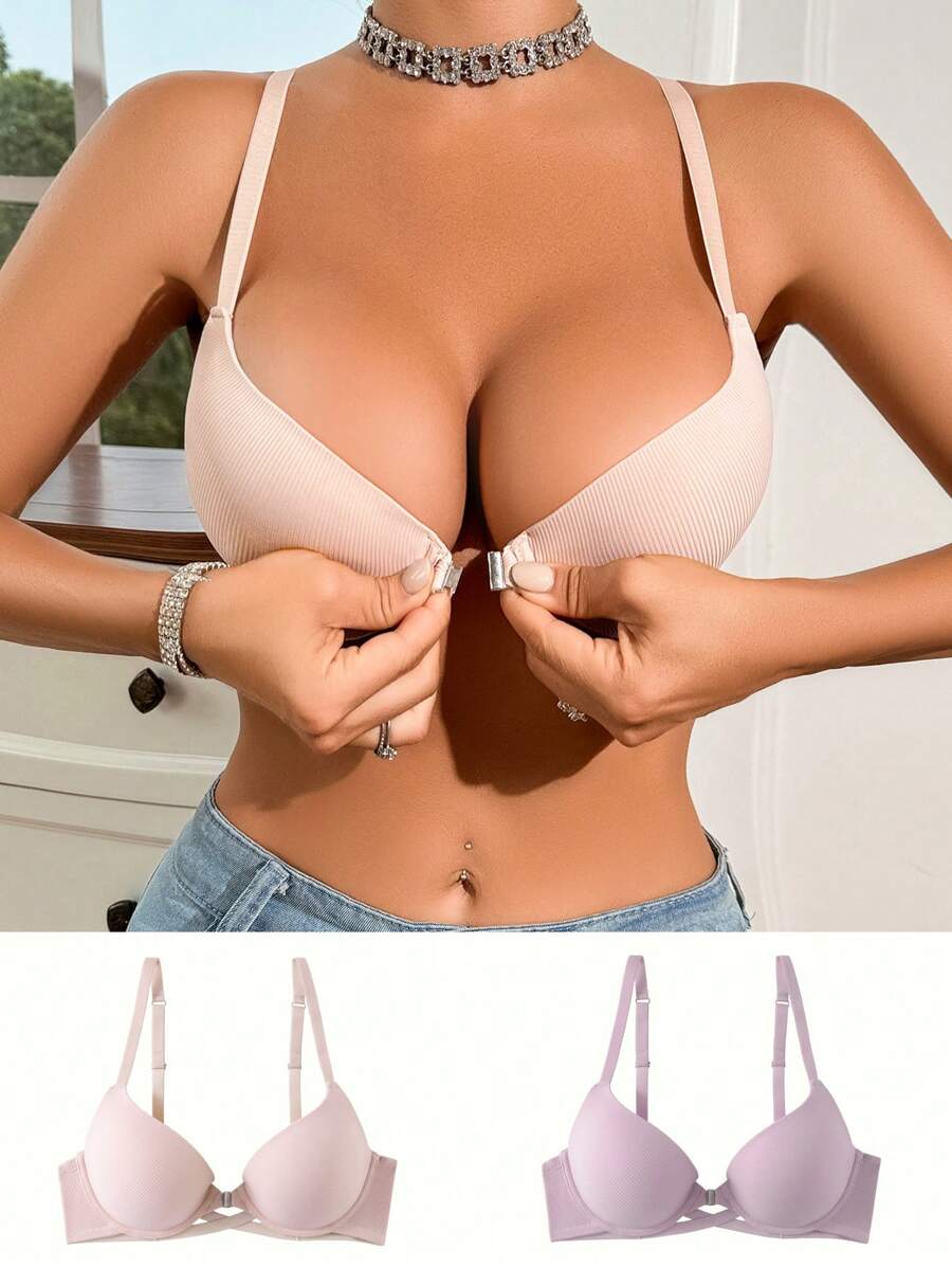 2 件装女士纯色胸罩，带钢圈，后前交叉扣 - 彩色 - 查看 1