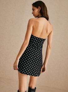 Poéselle 波尔卡圆点紧身露背 A 字裙、紧身背心裙、凸显迷人曲线、无袖连衣裙、紧身连衣裙、女式波尔卡圆点 V 领无袖连衣裙、波尔卡圆点连衣裙 - 黑色 - 查看 3