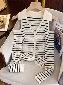 DAZY Plaid Patchwork Slim Fit V-Neck Knit Cardigan,Fall Clothes - Black and White - View 2