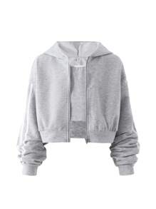 Tween Girls' Street Cool Tween Girl 3pcs Contrast Pipping Hooded Zipper Jacket, Tank Top And Shorts Casual Streetwear Outfit - Grey - View 3